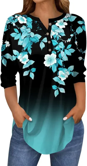 3/4 Length Sleeve Womens Tops 2025 Spring Summer Henley Neck Trendy Shirts Loose Fit Dressy Casual Blouses