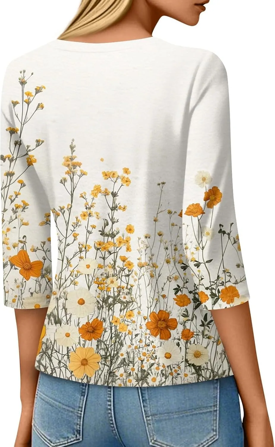 3/4 Length Sleeve Womes Tops Dressy Floral Crew Neck T Shirts Loose Fit Graphic Tees Lightweight Tops Blouses