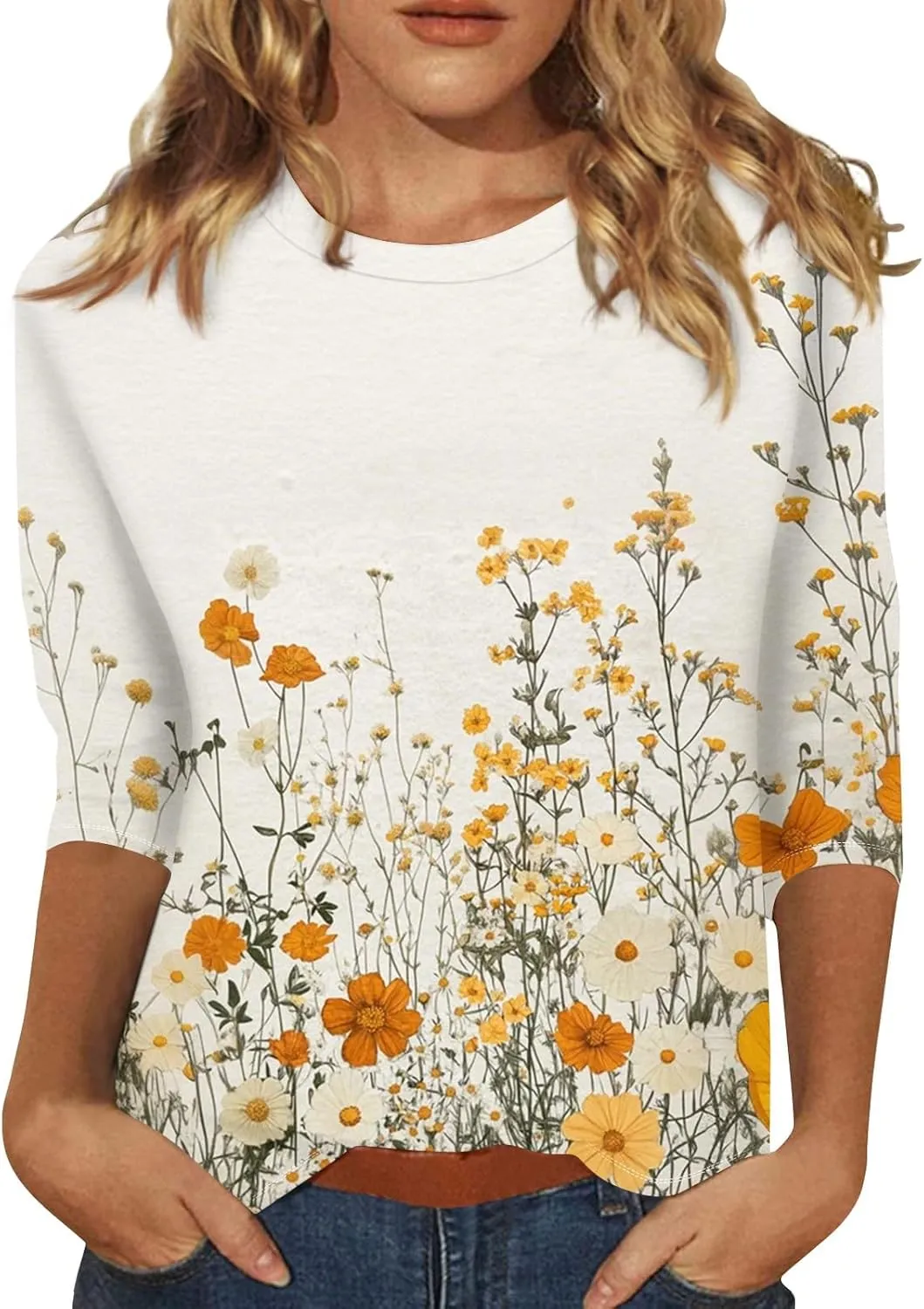 3/4 Length Sleeve Womes Tops Dressy Floral Crew Neck T Shirts Loose Fit Graphic Tees Lightweight Tops Blouses