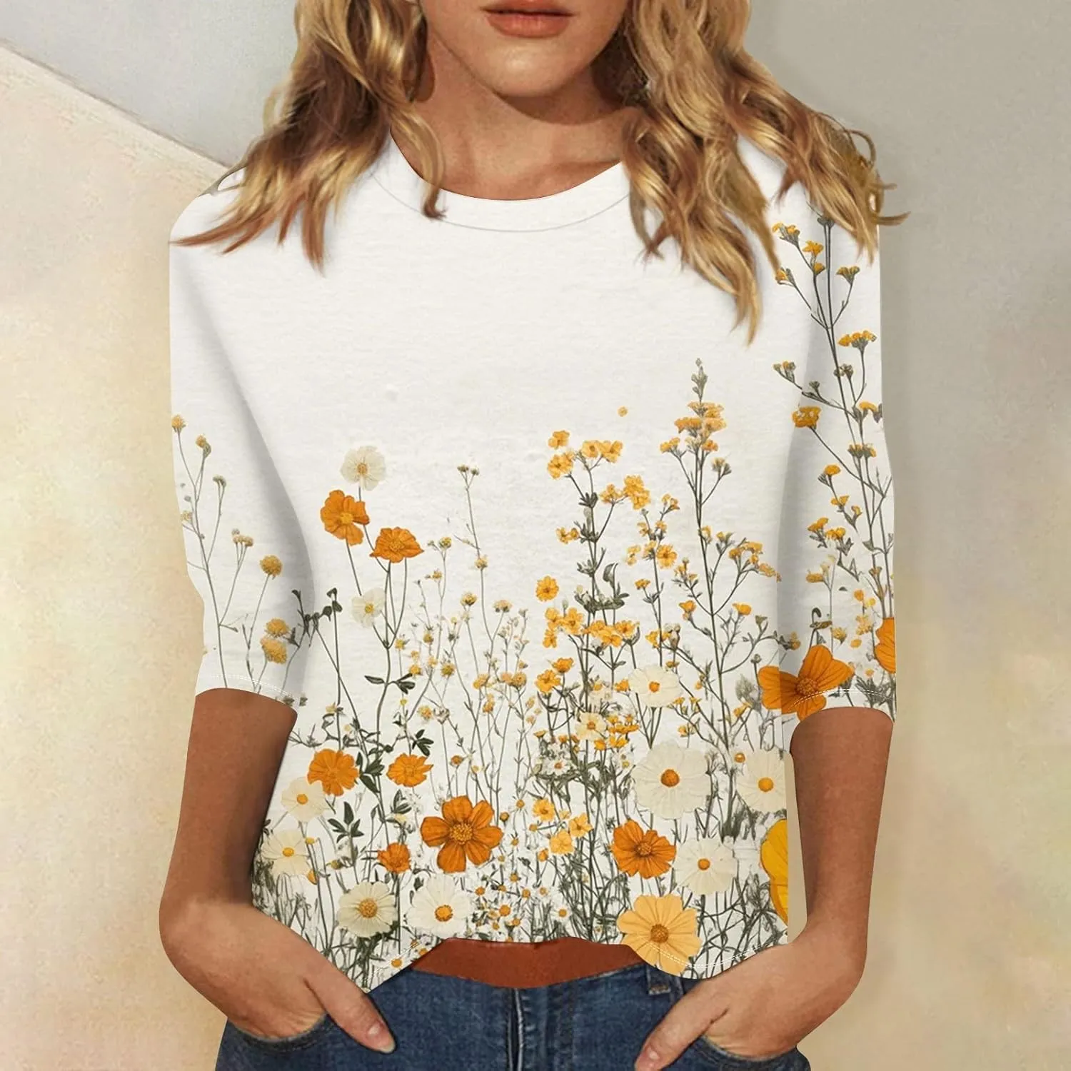 3/4 Length Sleeve Womes Tops Dressy Floral Crew Neck T Shirts Loose Fit Graphic Tees Lightweight Tops Blouses