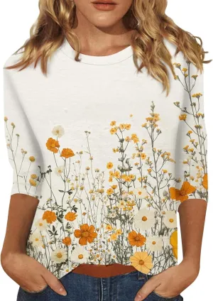 3/4 Length Sleeve Womes Tops Dressy Floral Crew Neck T Shirts Loose Fit Graphic Tees Lightweight Tops Blouses
