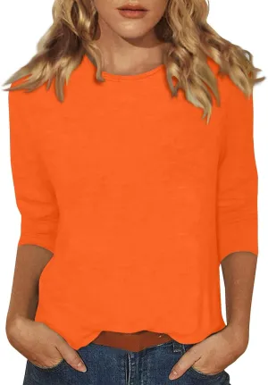 3/4 Sleeve Shirts for Women Round Neck Elbow Length Three Quarter Sleeve Basic Tunic Tops Dressy Casual