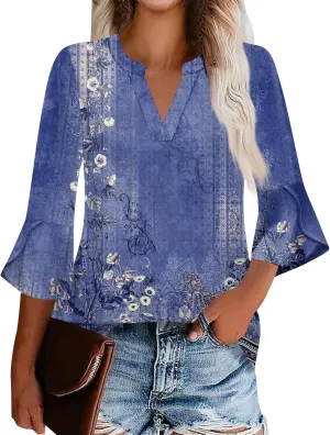 3/4 Sleeve Tops for Women V Neck Summer T Shirts Trendy Bell Sleeve Floral Print Blouses Dressy Casual 2025 Tops Cute