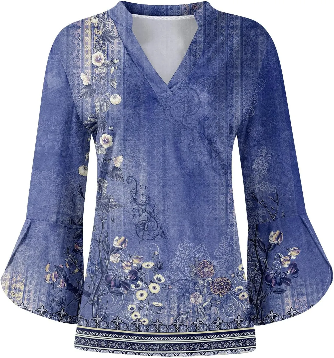 3/4 Sleeve Tops for Women V Neck Summer T Shirts Trendy Bell Sleeve Floral Print Blouses Dressy Casual 2025 Tops Cute