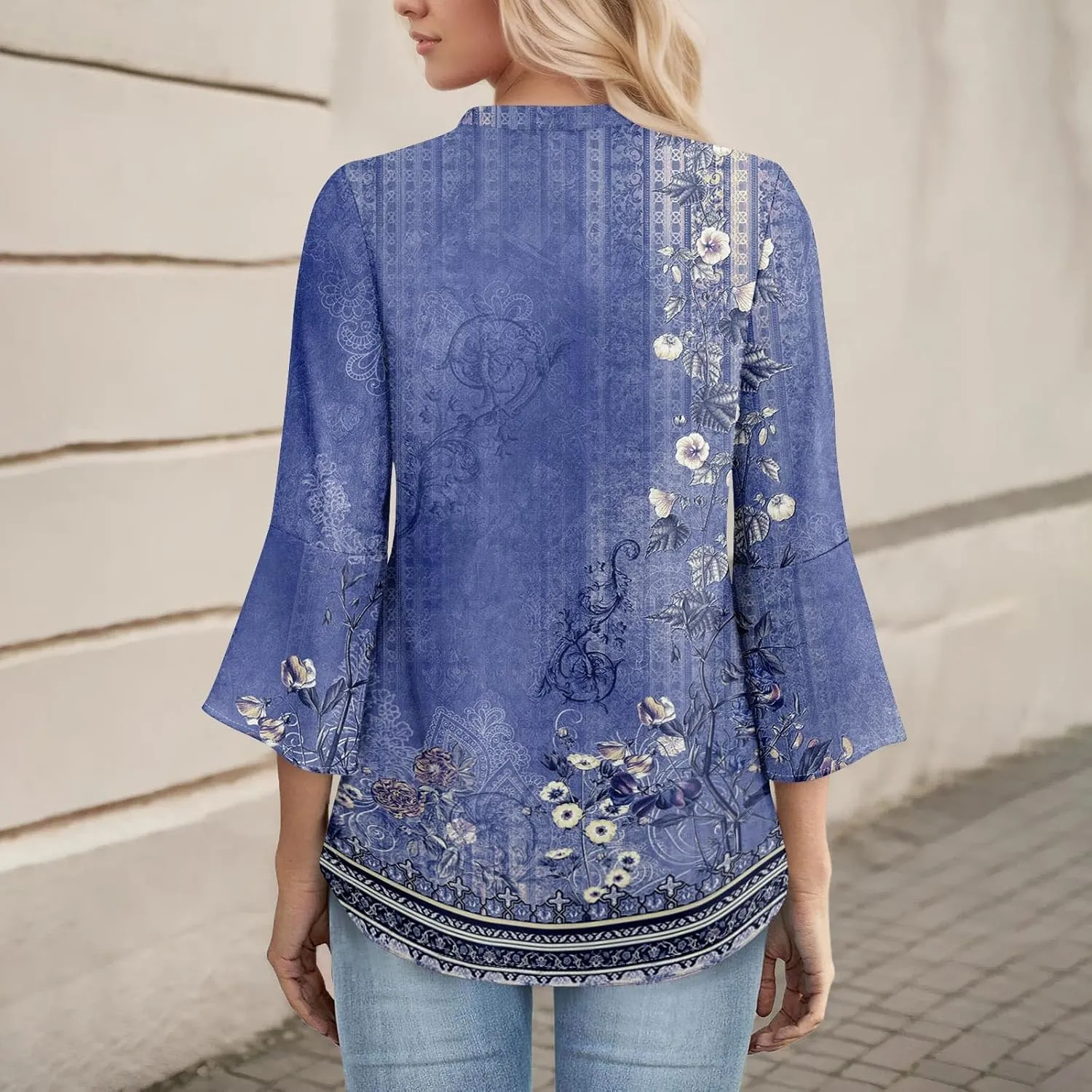 3/4 Sleeve Tops for Women V Neck Summer T Shirts Trendy Bell Sleeve Floral Print Blouses Dressy Casual 2025 Tops Cute