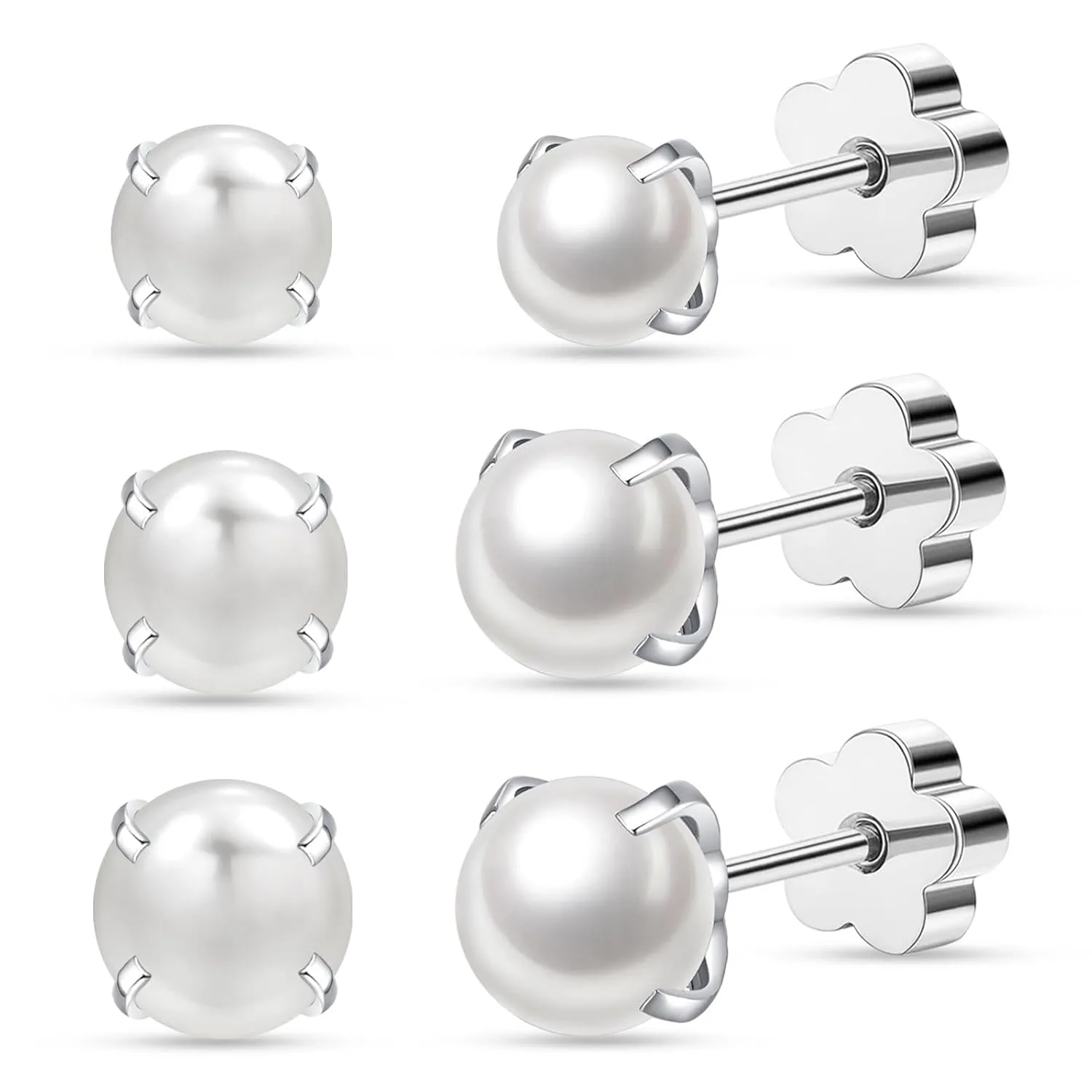 3Pairs Flower Flat Back Pearl Stud Earring for Women Screw Back Pearl Cartilage Earrings Pearl Helix Earrings Hypoallergenic Pearl Earring for Sensitive Skin (3mm/4mm/5mm Pearl)