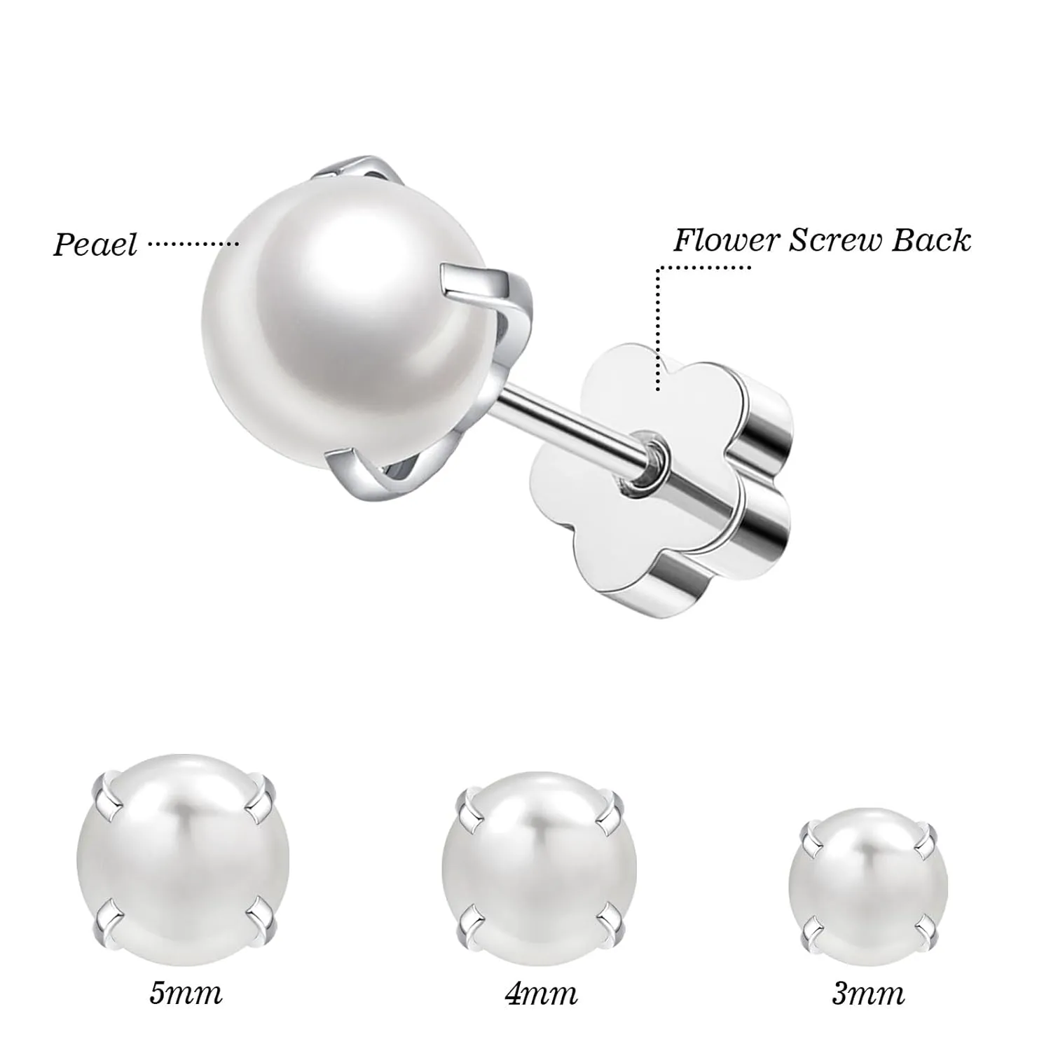 3Pairs Flower Flat Back Pearl Stud Earring for Women Screw Back Pearl Cartilage Earrings Pearl Helix Earrings Hypoallergenic Pearl Earring for Sensitive Skin (3mm/4mm/5mm Pearl)