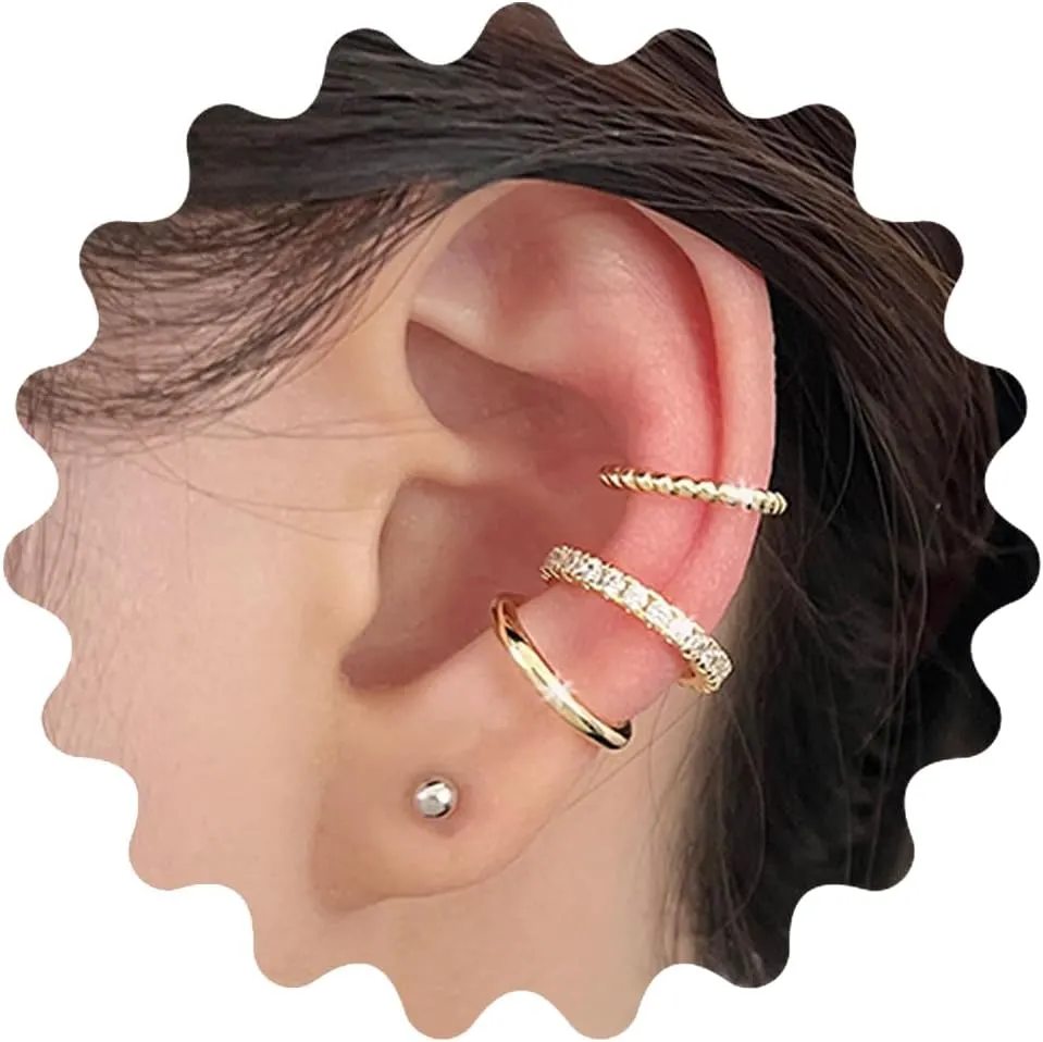 3PCS Crystal Ear Cuffs Minimalist Huggie Hoop Ear Cuff Sparkling Dainty Minimal Cartilage Non Piercing Layered Earrings Tiny Rhinestones Fake Earrings for Women