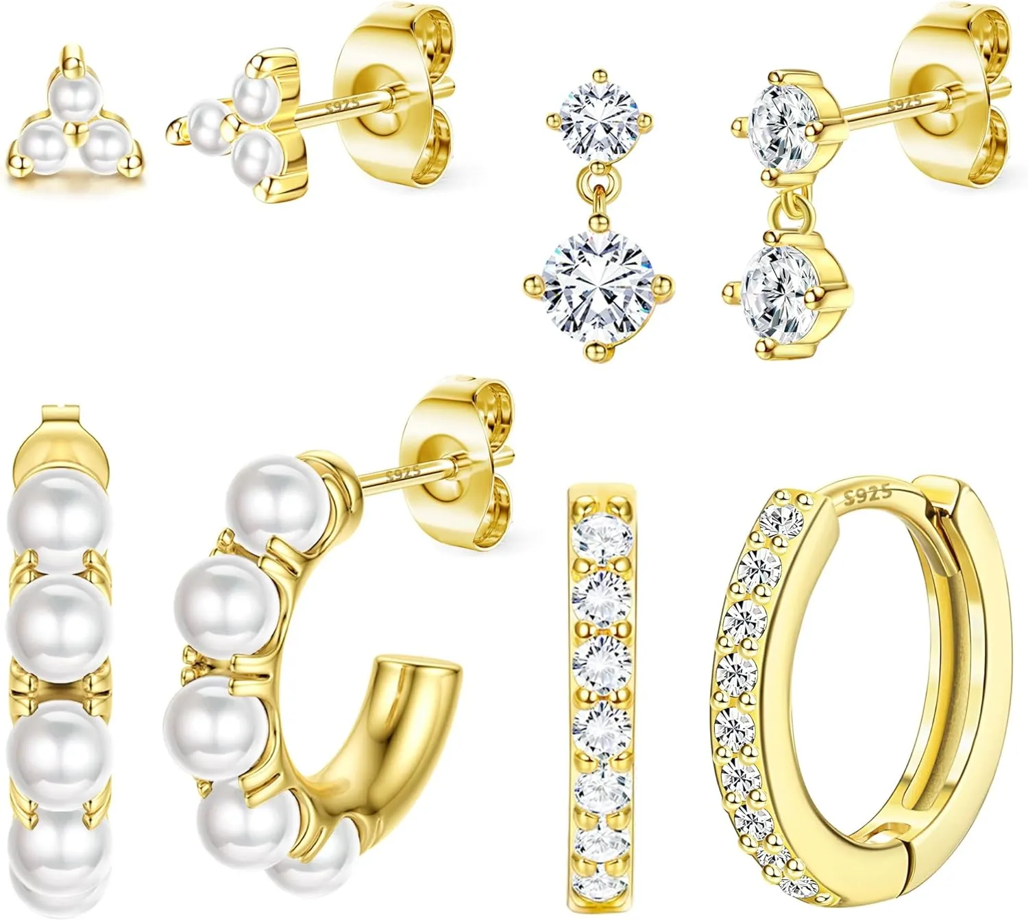 4 Pairs Sterling Silver Post Pearl Hoop Earrings for Women Trendy 14K Gold Plated Huggie Hoop Earrings Cartilage Stud Earrings Sets for Multiple Piercing Small Gold Pearl Hoop Earrings