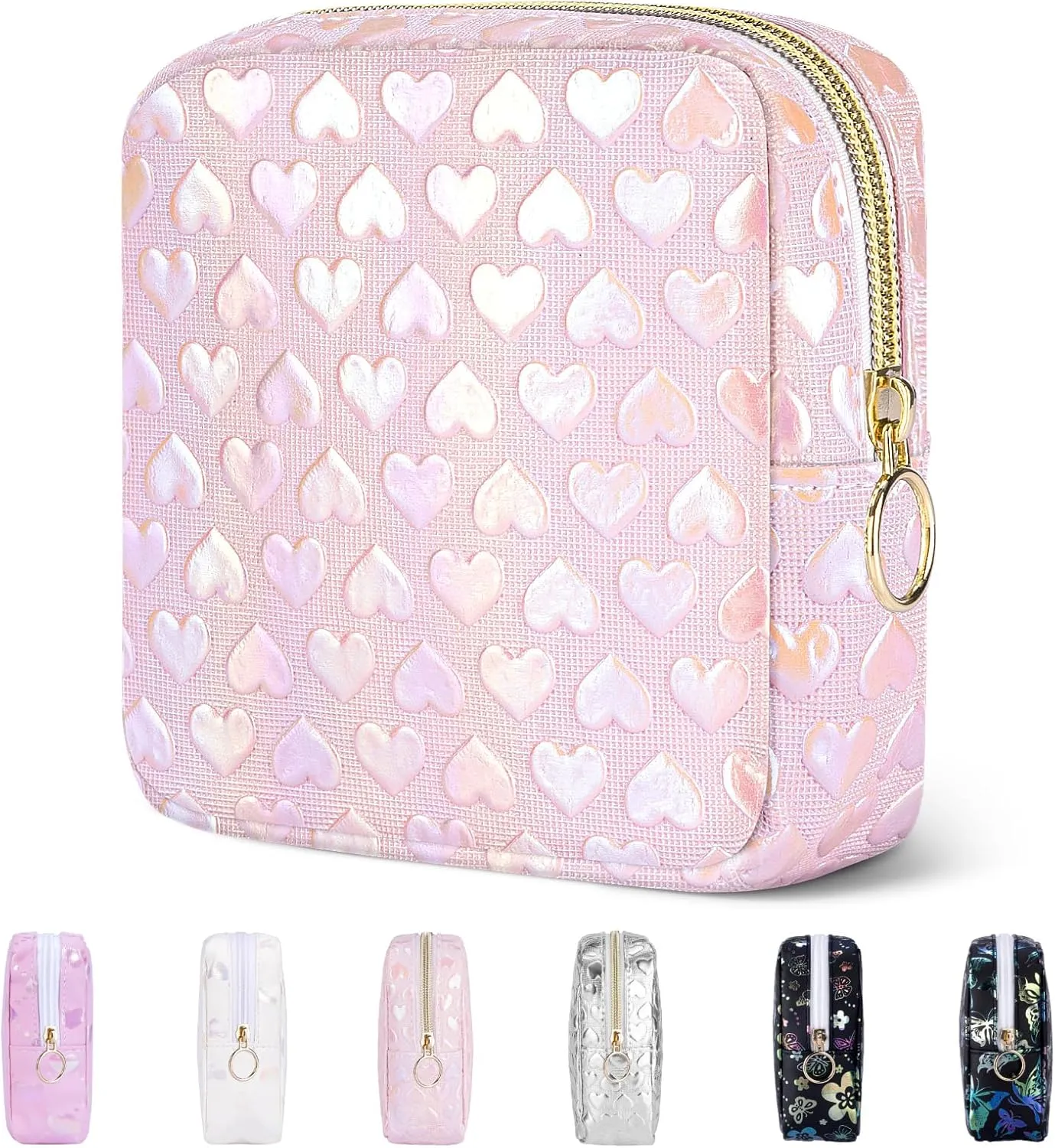 5.1" Mini Makeup Bag for Purse, Leather Small Makeup Pouch Travel Cosmetic Make up Bags for Women Girls, Cute Preppy Mini Toiletry Bag Coin Pouch Period Bag(3D Love Pink)