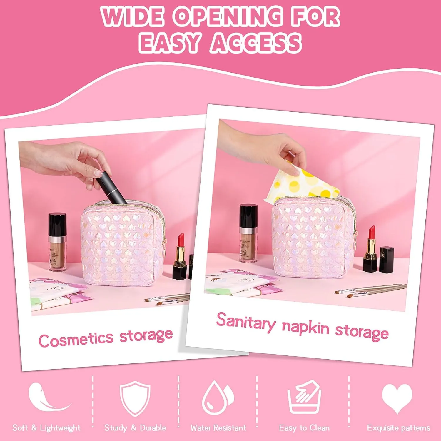 5.1" Mini Makeup Bag for Purse, Leather Small Makeup Pouch Travel Cosmetic Make up Bags for Women Girls, Cute Preppy Mini Toiletry Bag Coin Pouch Period Bag(3D Love Pink)