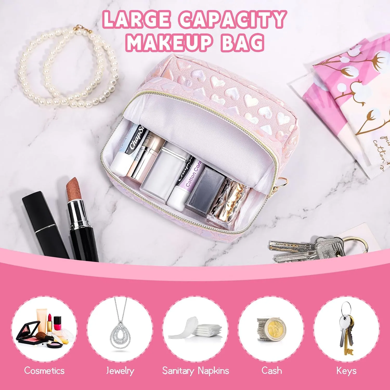 5.1" Mini Makeup Bag for Purse, Leather Small Makeup Pouch Travel Cosmetic Make up Bags for Women Girls, Cute Preppy Mini Toiletry Bag Coin Pouch Period Bag(3D Love Pink)