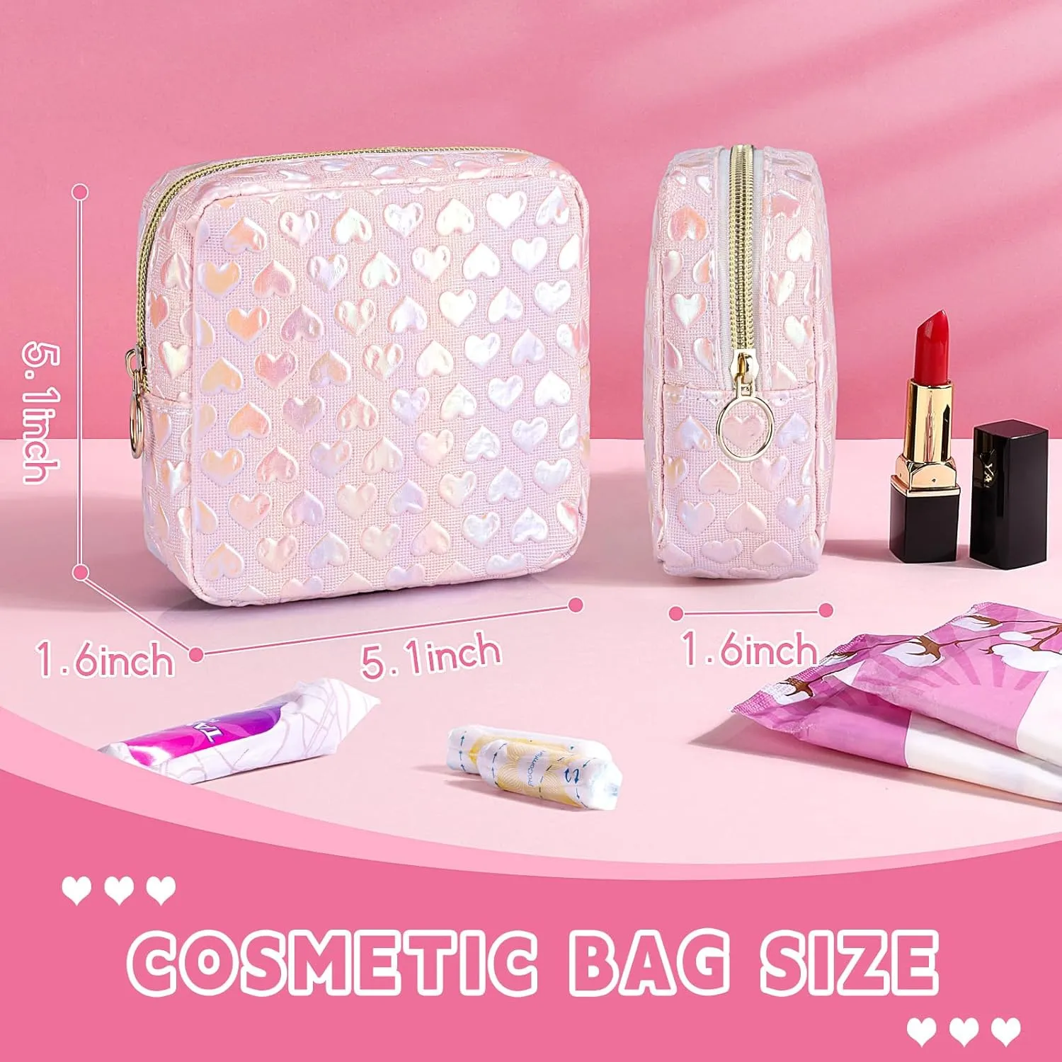 5.1" Mini Makeup Bag for Purse, Leather Small Makeup Pouch Travel Cosmetic Make up Bags for Women Girls, Cute Preppy Mini Toiletry Bag Coin Pouch Period Bag(3D Love Pink)