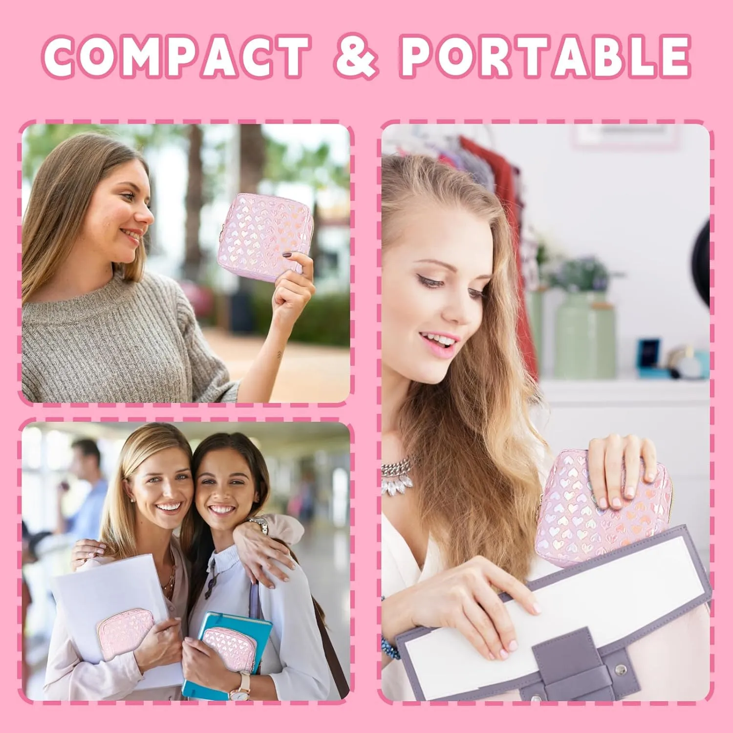 5.1" Mini Makeup Bag for Purse, Leather Small Makeup Pouch Travel Cosmetic Make up Bags for Women Girls, Cute Preppy Mini Toiletry Bag Coin Pouch Period Bag(3D Love Pink)