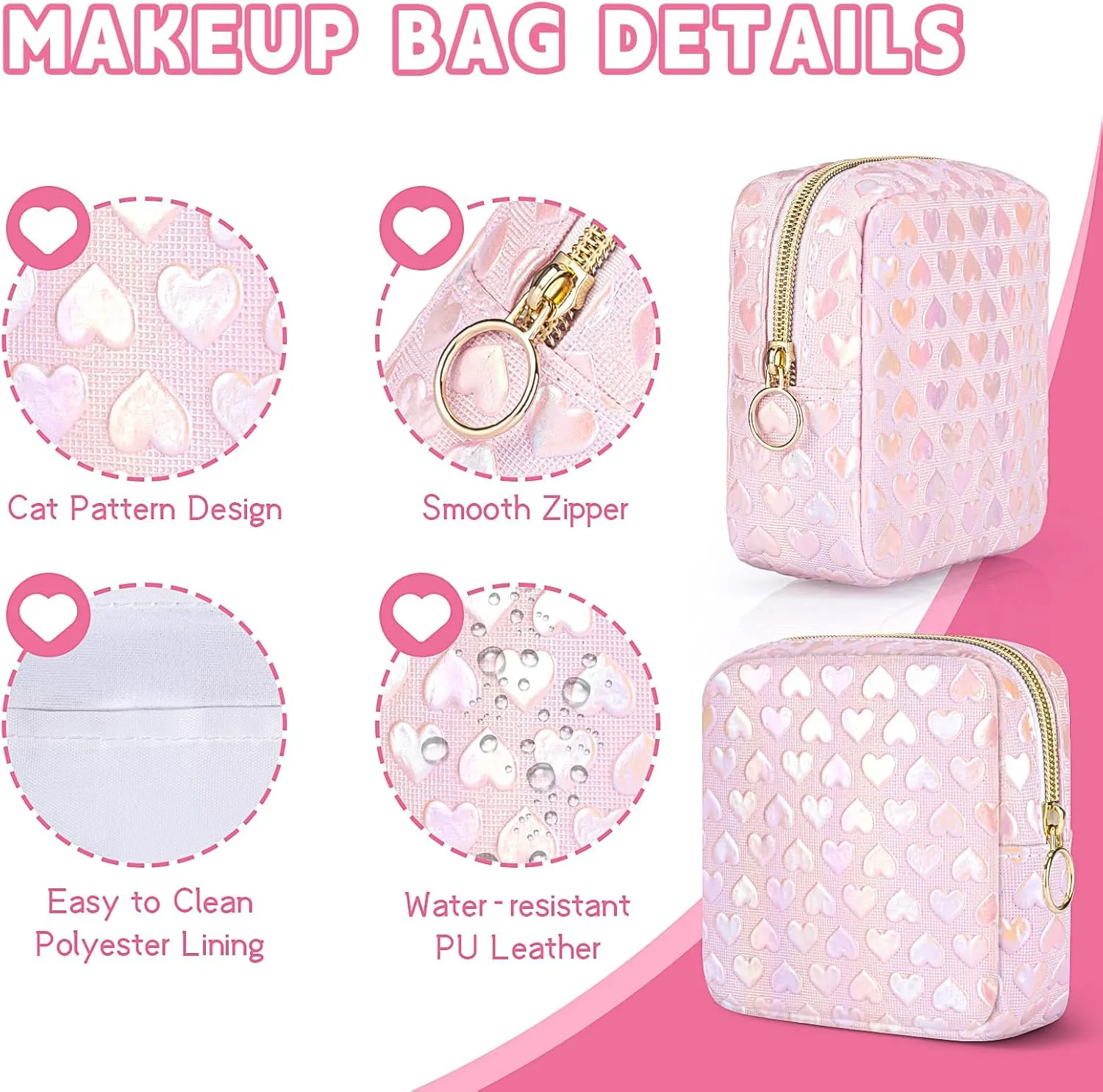 5.1" Mini Makeup Bag for Purse, Leather Small Makeup Pouch Travel Cosmetic Make up Bags for Women Girls, Cute Preppy Mini Toiletry Bag Coin Pouch Period Bag(3D Love Pink)
