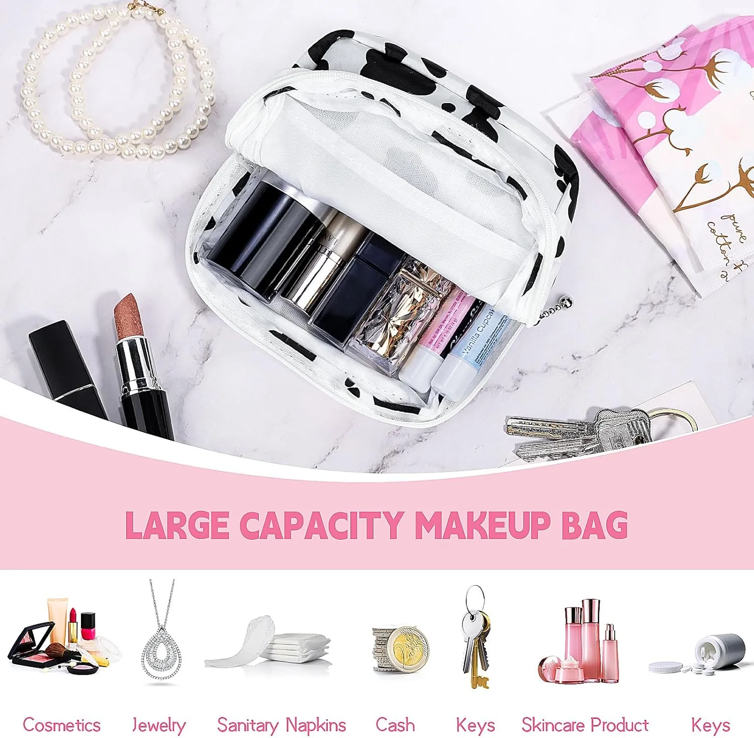 5.1" Mini Makeup Bag for Purse, Nylon Small Makeup Pouch Travel Cosmetic Make up Bags for Women Girls, Cute Preppy Mini Toiletry Bag Coin Pouch Period Bag(Black White)