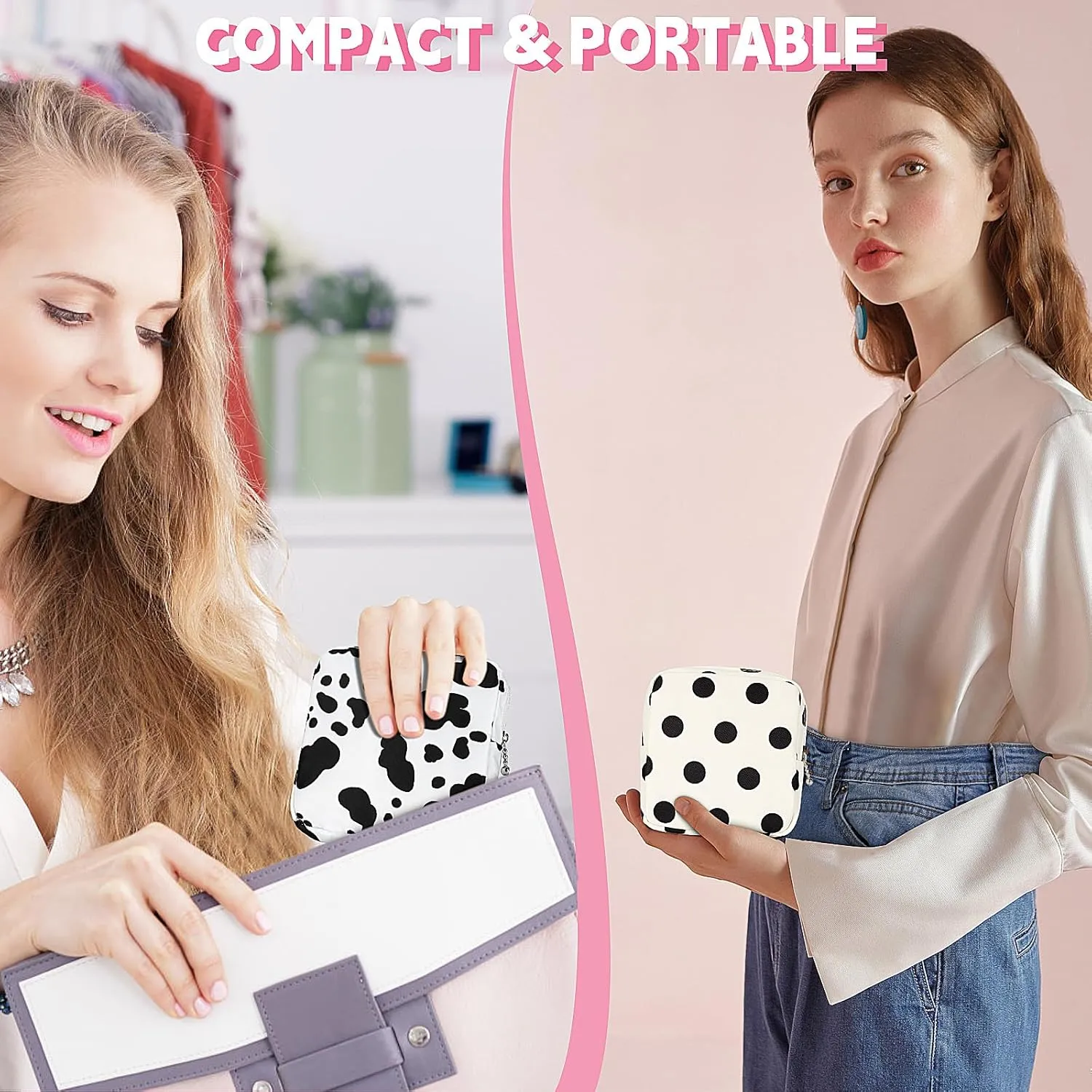 5.1" Mini Makeup Bag for Purse, Nylon Small Makeup Pouch Travel Cosmetic Make up Bags for Women Girls, Cute Preppy Mini Toiletry Bag Coin Pouch Period Bag(Black White)