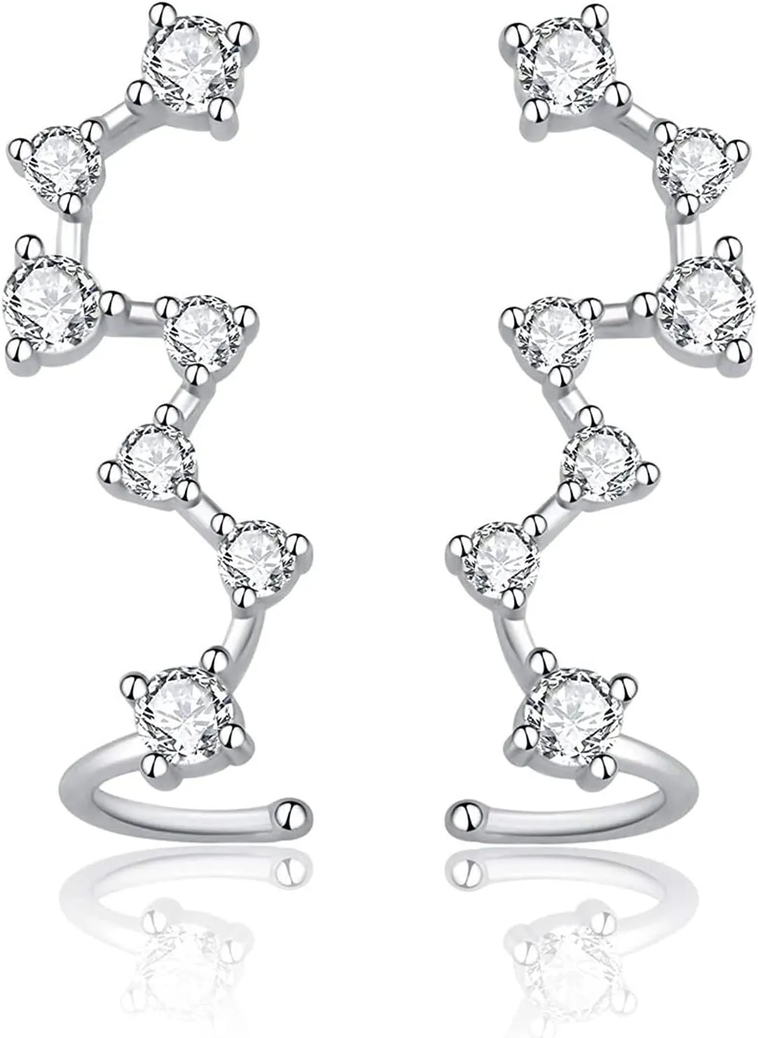 7 Crystals Ear Cuffs Hoop Climber S925 Sterling Silver Earrings Hypoallergenic Earring