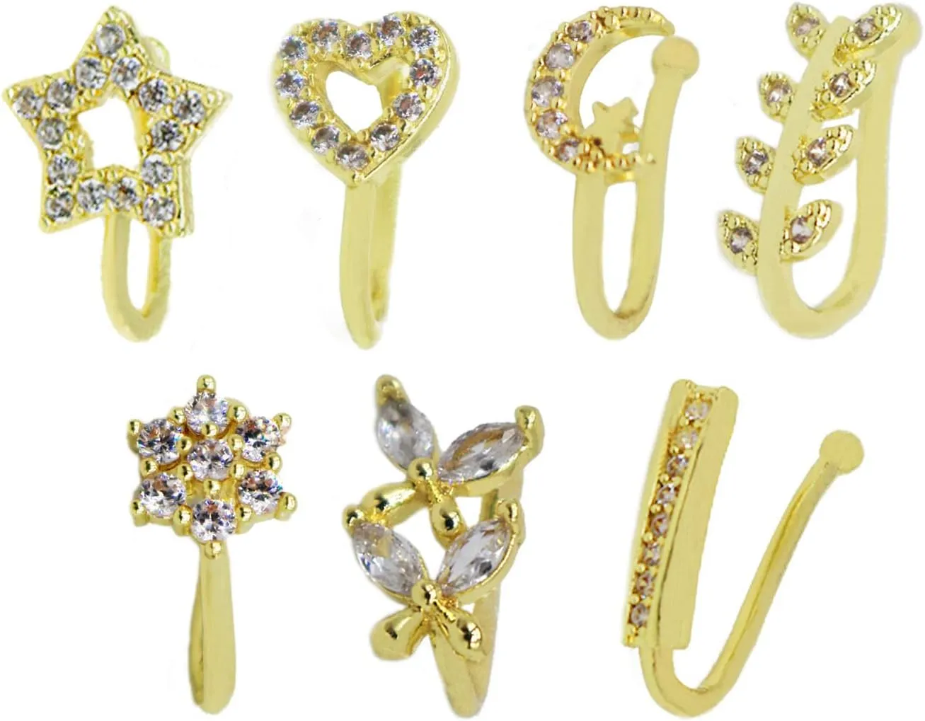 7Pcs African Non Piercing Nose Ring Clip Cuffs Gold Plated Crystal Zircon Clip On Nose Ring Cuffs Set Fake Nose Cuff for Women