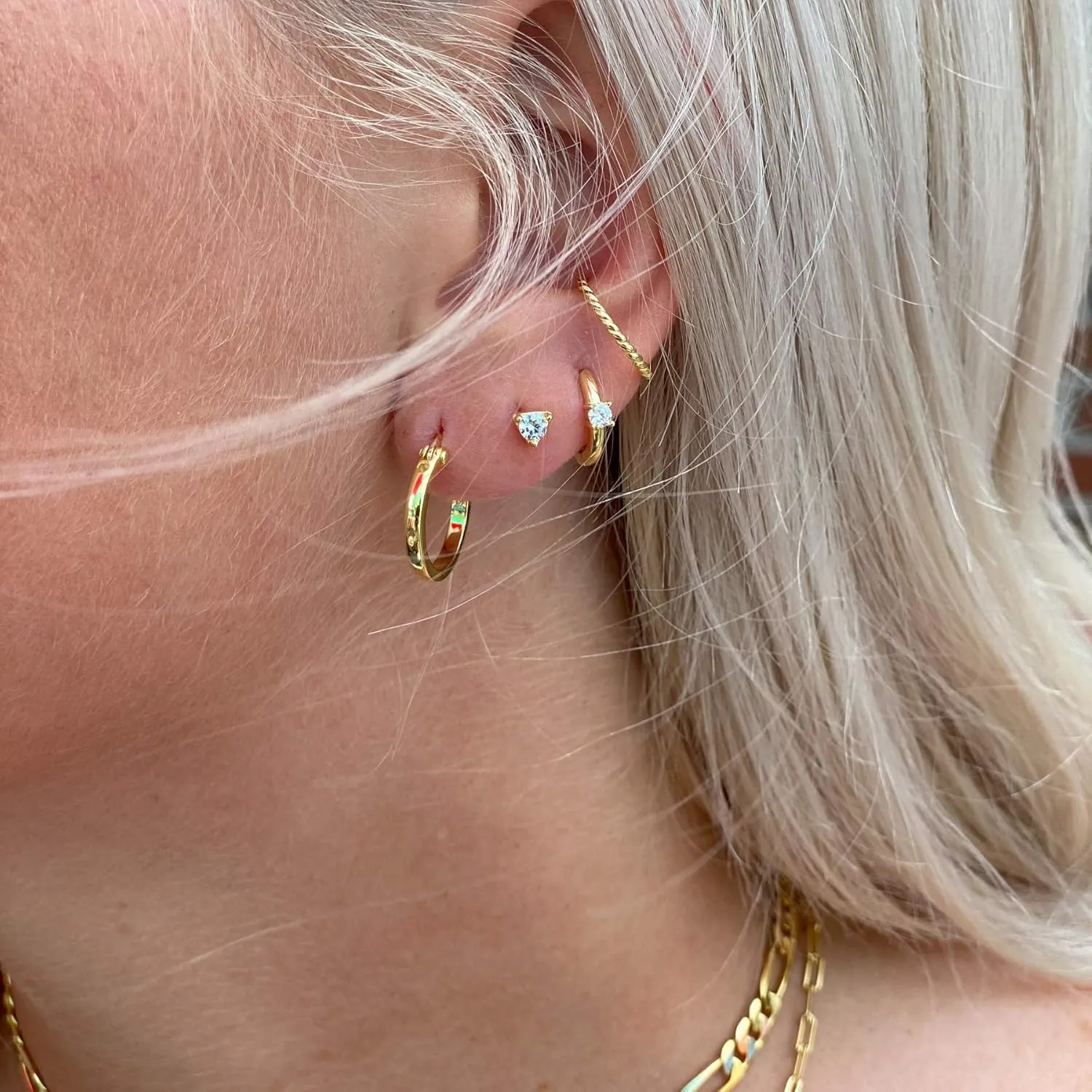 925 Sterling Silver 18K Gold Plated Huggie Ear Cuff for Women | Clip on Cartilage | Set of Three Ear Wraps