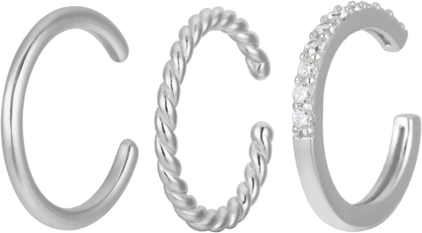 925 Sterling Silver 18K Gold Plated Huggie Ear Cuff for Women | Clip on Cartilage | Set of Three Ear Wraps