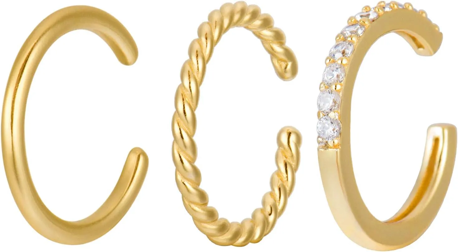 925 Sterling Silver 18K Gold Plated Huggie Ear Cuff for Women | Clip on Cartilage | Set of Three Ear Wraps