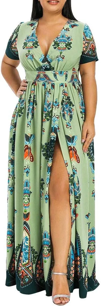 aihihe Plus Size Maxi Dresses for Women V Neck Floral Printed Slit Side Summer Casual Loose Short Sleeve Long Dress