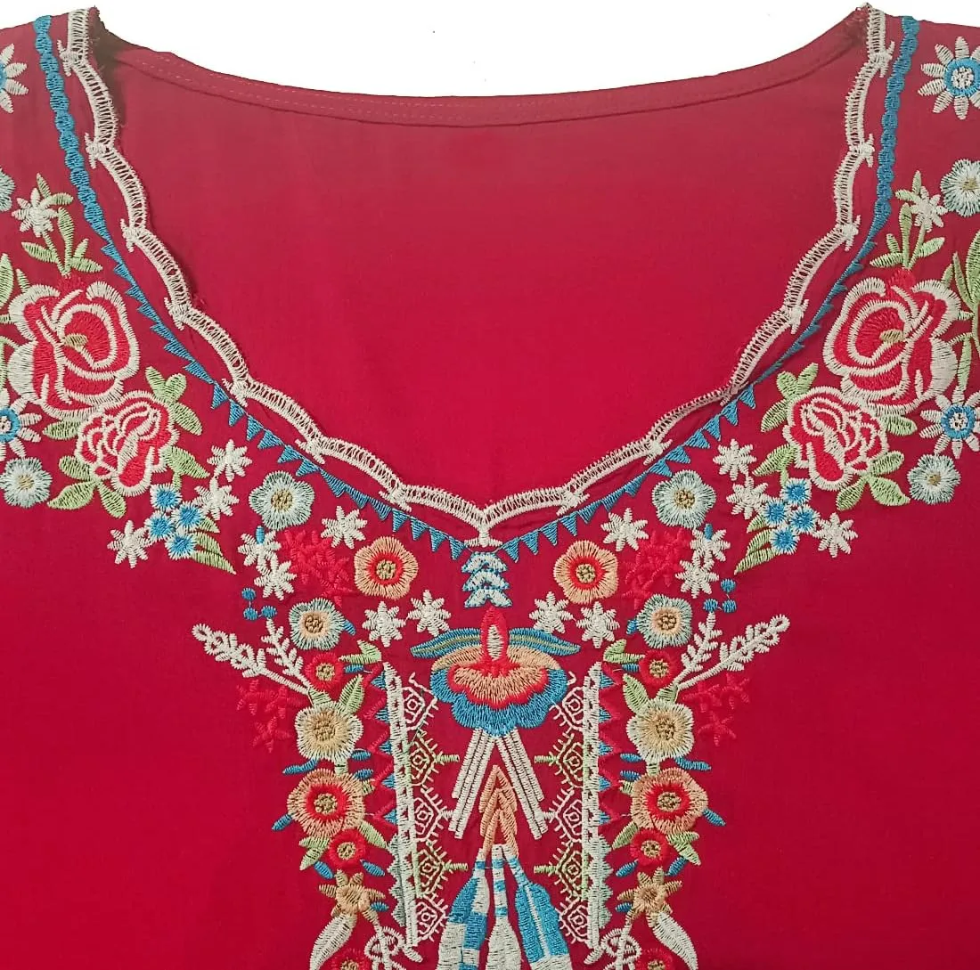 AK Women's Summer Casual Tops Boho Embroidery Mexican Bohemian Tops Shirt Tunic Blouses