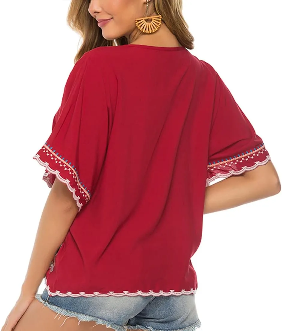 AK Women's Summer Casual Tops Boho Embroidery Mexican Bohemian Tops Shirt Tunic Blouses