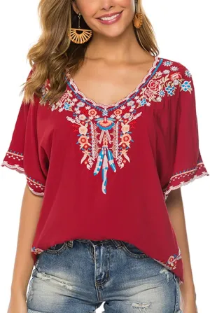AK Women's Summer Casual Tops Boho Embroidery Mexican Bohemian Tops Shirt Tunic Blouses