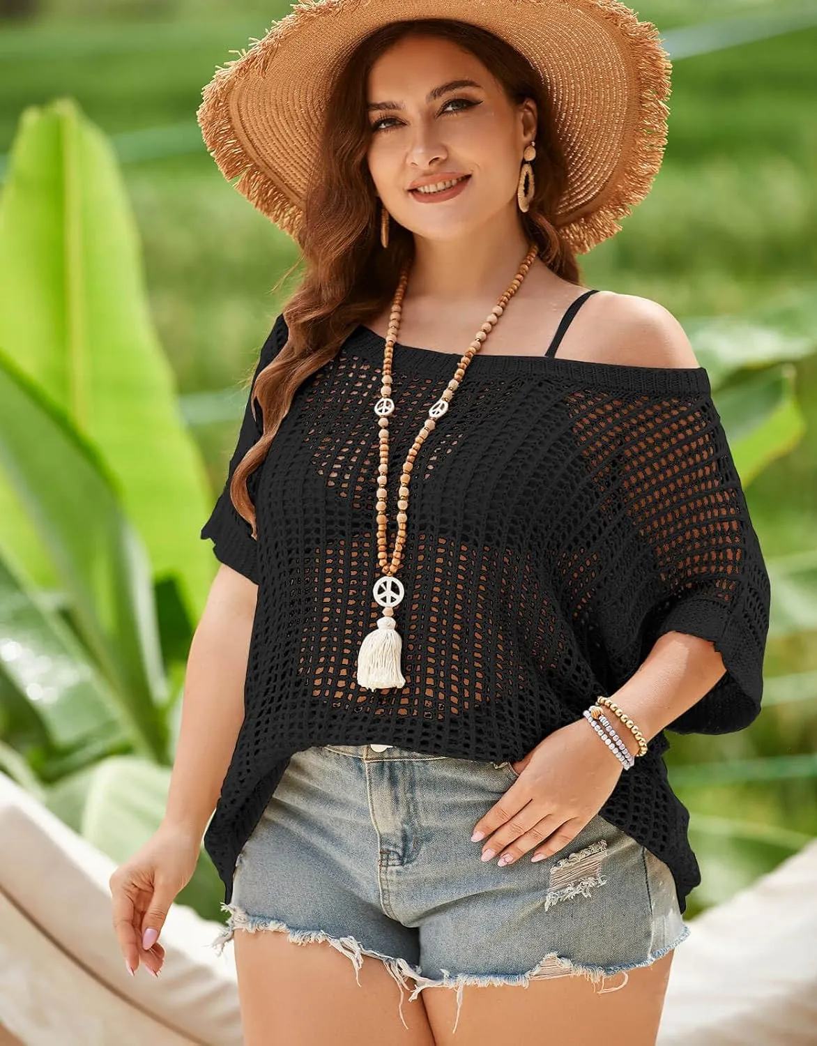 Alsol Lamesa Women's Plus Size Crochet Tops Short Sleeve Hollow Out Loose Scoop Neck Beach Crochet Cover Up 1X-5X