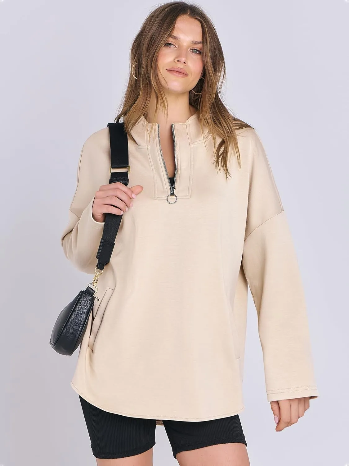 ANRABESS Womens Oversized Hoodie Quarter Zip Sweatshirts 2025 Spring Tunic Pullover Top Trendy Teen Girls Preppy Clothes