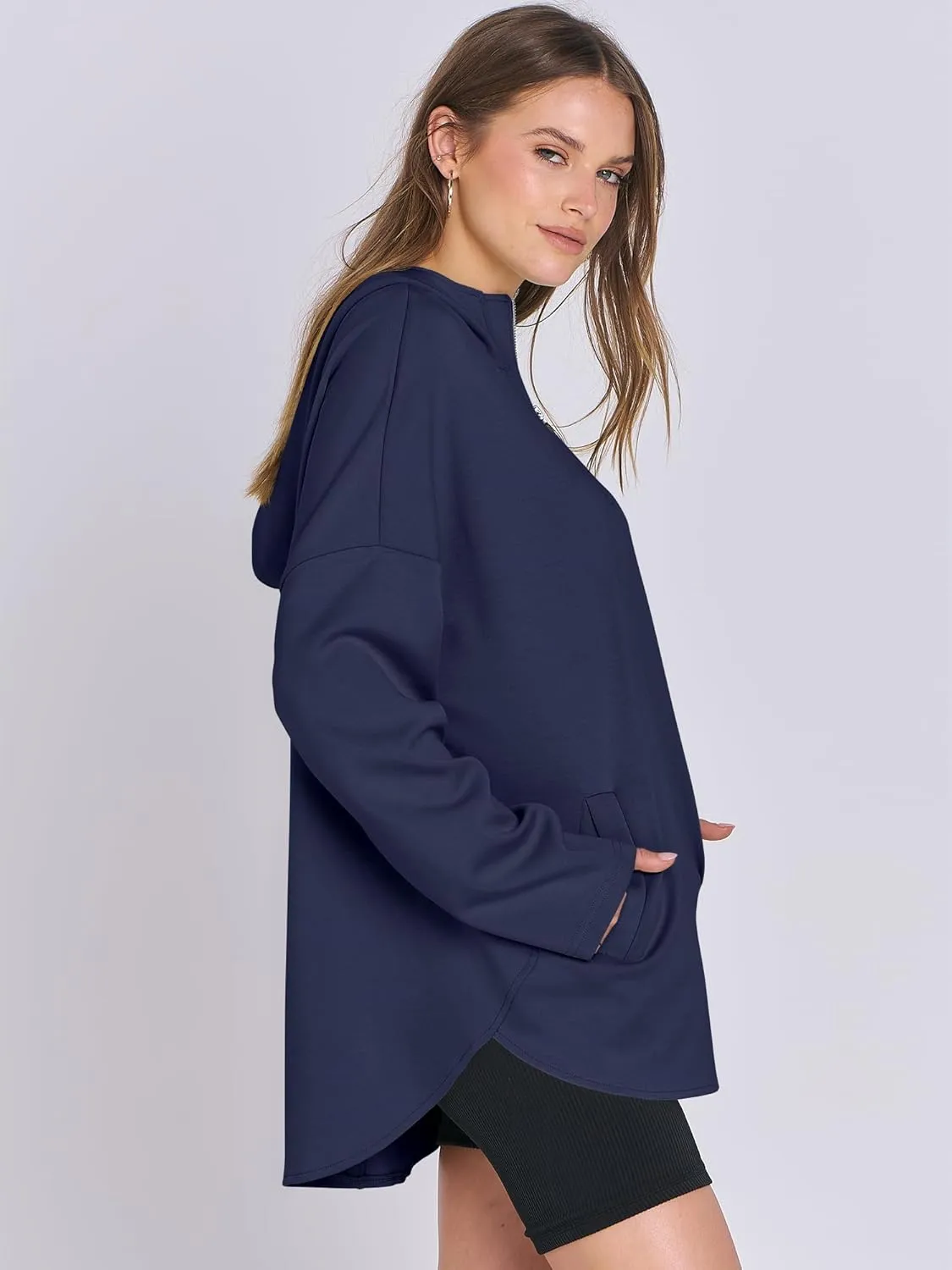 ANRABESS Womens Oversized Hoodie Quarter Zip Sweatshirts 2025 Spring Tunic Pullover Top Trendy Teen Girls Preppy Clothes