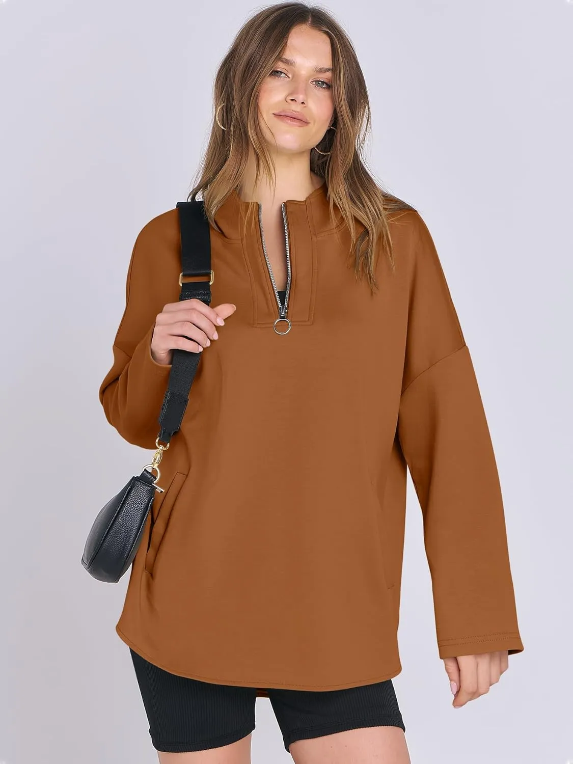 ANRABESS Womens Oversized Hoodie Quarter Zip Sweatshirts 2025 Spring Tunic Pullover Top Trendy Teen Girls Preppy Clothes