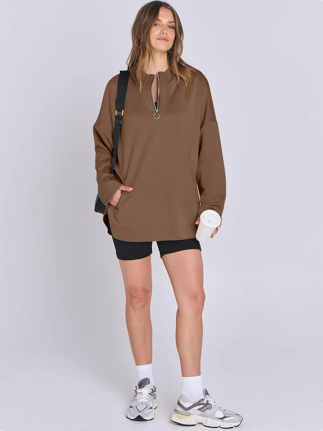 ANRABESS Womens Oversized Hoodie Quarter Zip Sweatshirts 2025 Spring Tunic Pullover Top Trendy Teen Girls Preppy Clothes