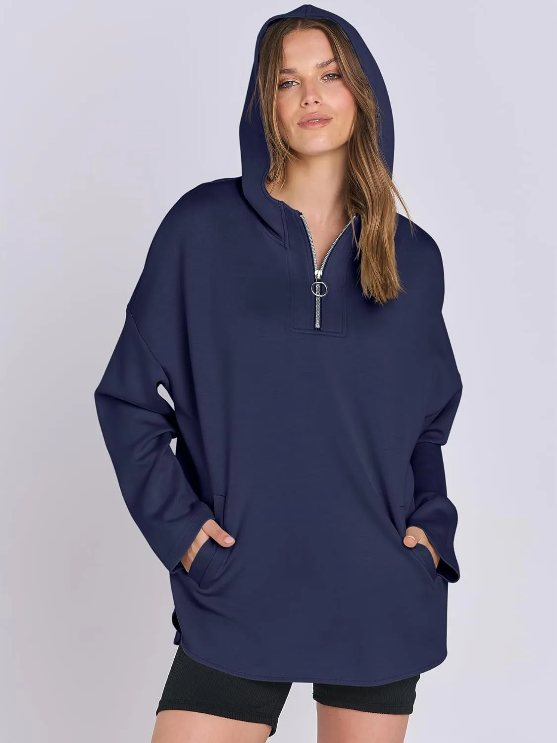 ANRABESS Womens Oversized Hoodie Quarter Zip Sweatshirts 2025 Spring Tunic Pullover Top Trendy Teen Girls Preppy Clothes