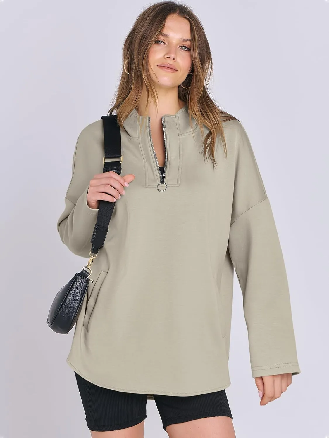 ANRABESS Womens Oversized Hoodie Quarter Zip Sweatshirts 2025 Spring Tunic Pullover Top Trendy Teen Girls Preppy Clothes