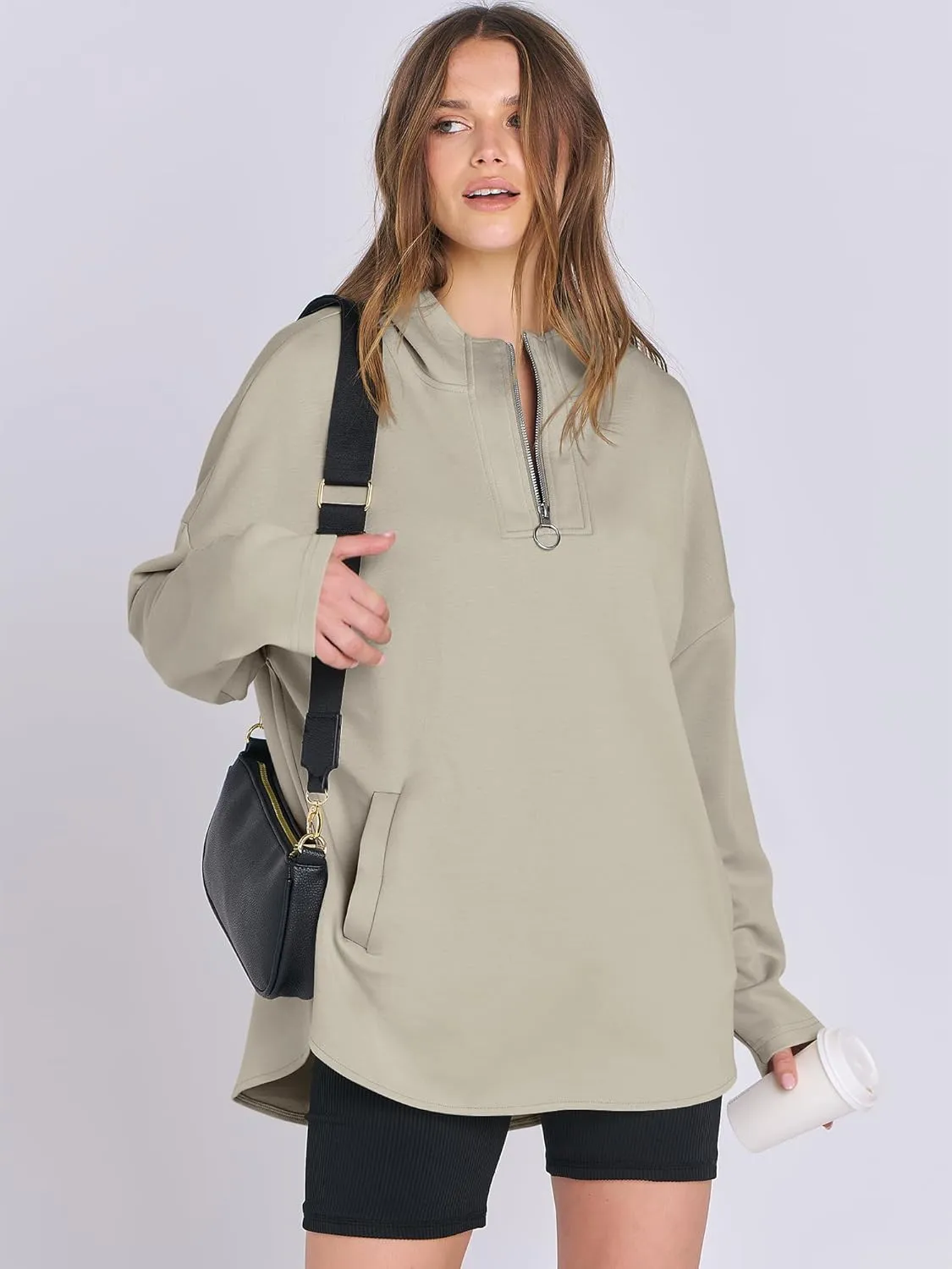 ANRABESS Womens Oversized Hoodie Quarter Zip Sweatshirts 2025 Spring Tunic Pullover Top Trendy Teen Girls Preppy Clothes