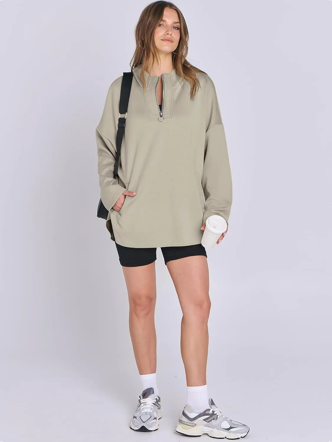 ANRABESS Womens Oversized Hoodie Quarter Zip Sweatshirts 2025 Spring Tunic Pullover Top Trendy Teen Girls Preppy Clothes
