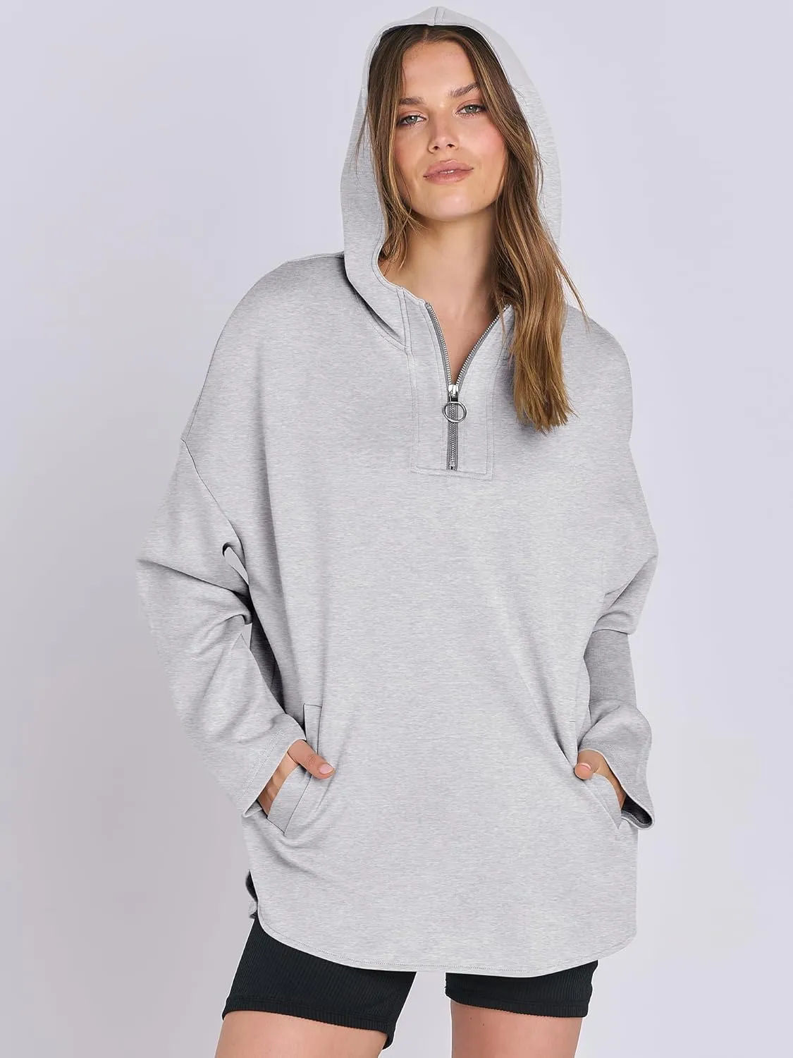 ANRABESS Womens Oversized Hoodie Quarter Zip Sweatshirts 2025 Spring Tunic Pullover Top Trendy Teen Girls Preppy Clothes