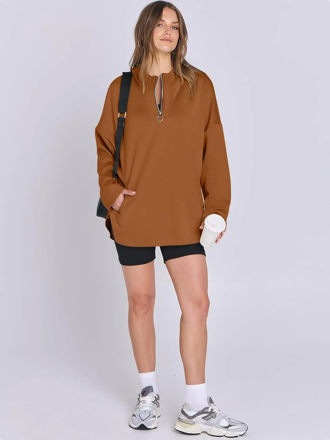 ANRABESS Womens Oversized Hoodie Quarter Zip Sweatshirts 2025 Spring Tunic Pullover Top Trendy Teen Girls Preppy Clothes