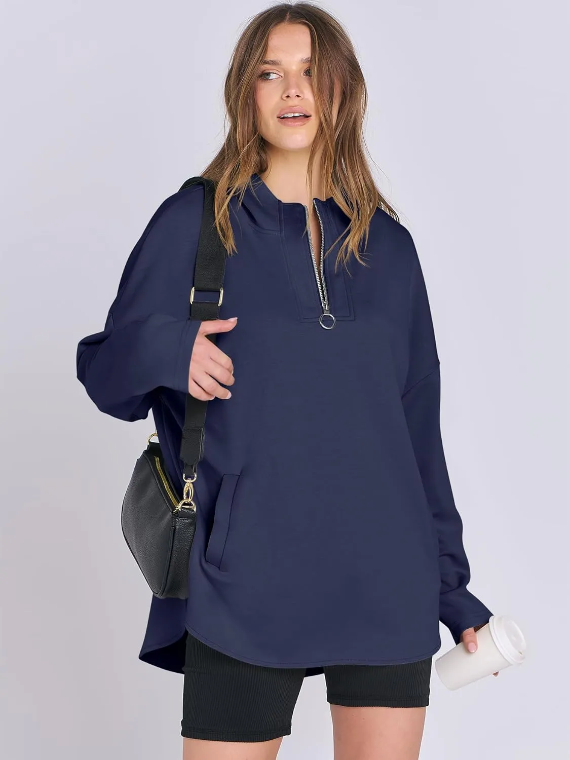 ANRABESS Womens Oversized Hoodie Quarter Zip Sweatshirts 2025 Spring Tunic Pullover Top Trendy Teen Girls Preppy Clothes