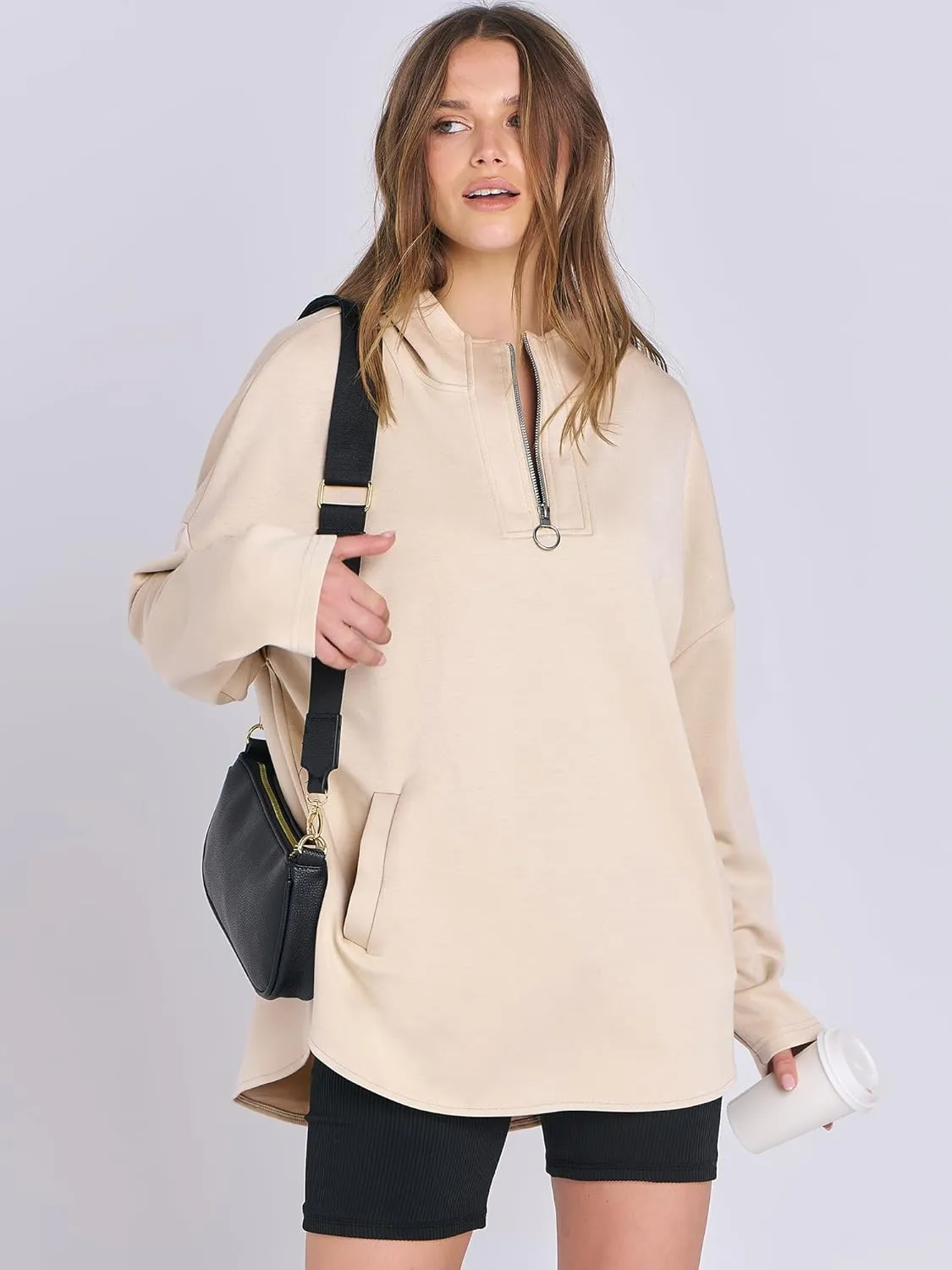 ANRABESS Womens Oversized Hoodie Quarter Zip Sweatshirts 2025 Spring Tunic Pullover Top Trendy Teen Girls Preppy Clothes
