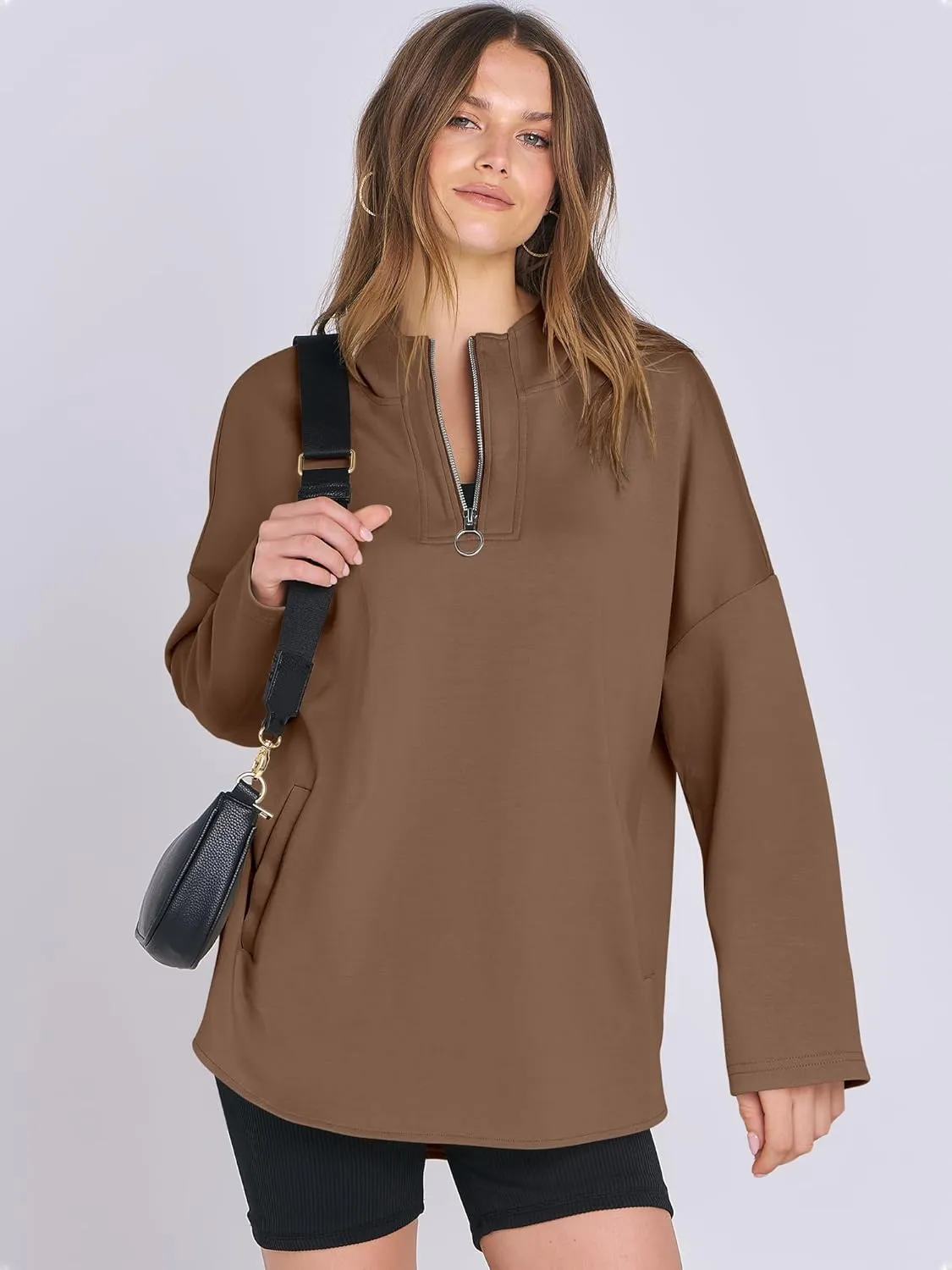 ANRABESS Womens Oversized Hoodie Quarter Zip Sweatshirts 2025 Spring Tunic Pullover Top Trendy Teen Girls Preppy Clothes