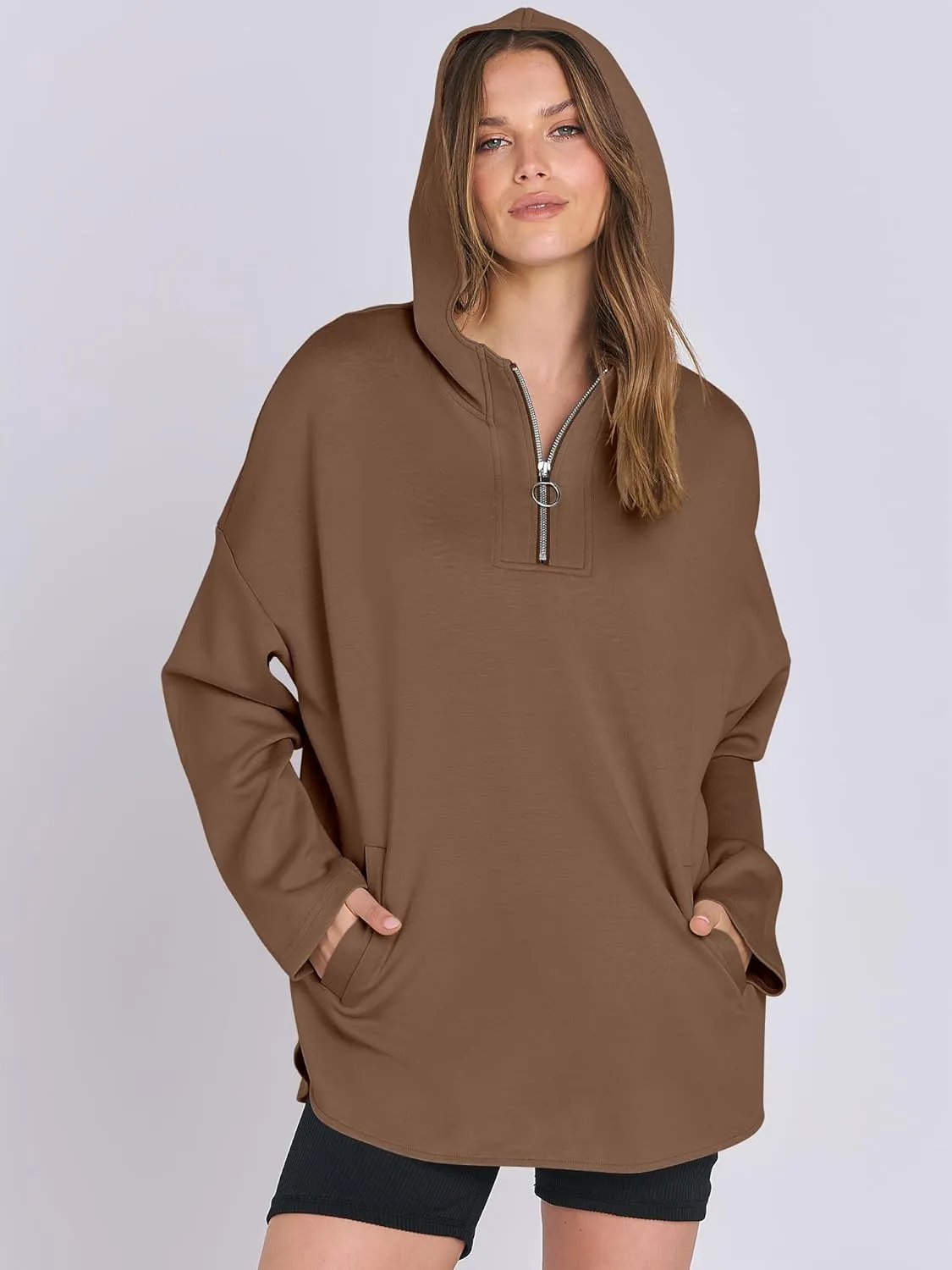 ANRABESS Womens Oversized Hoodie Quarter Zip Sweatshirts 2025 Spring Tunic Pullover Top Trendy Teen Girls Preppy Clothes