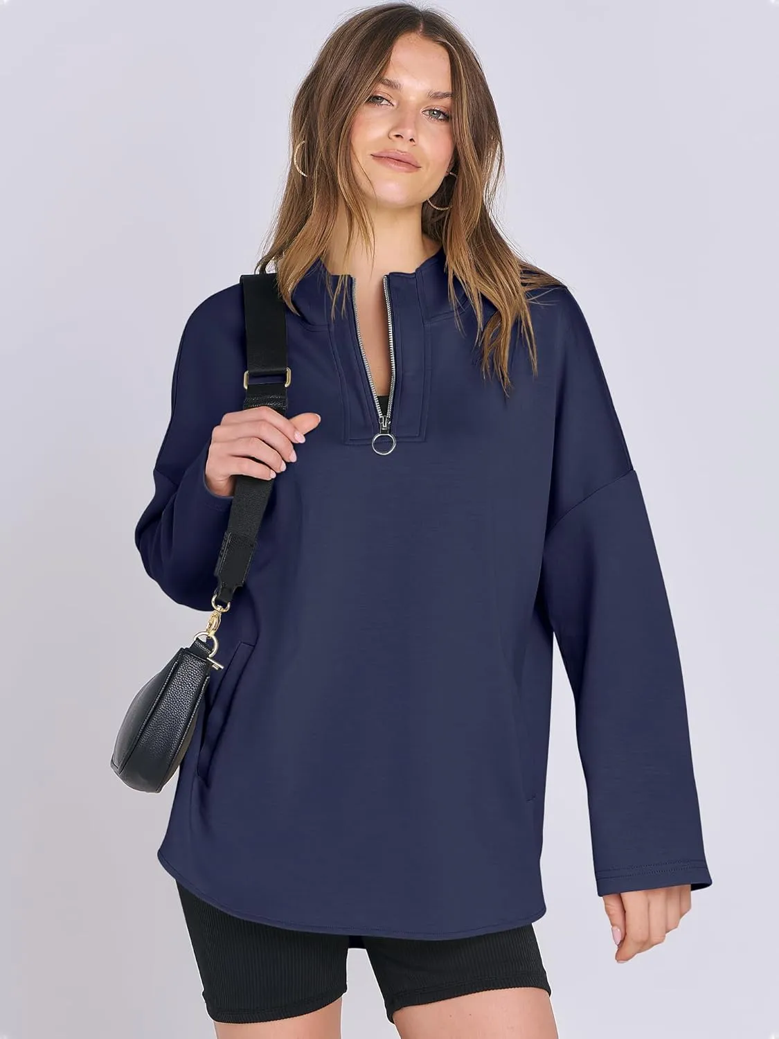 ANRABESS Womens Oversized Hoodie Quarter Zip Sweatshirts 2025 Spring Tunic Pullover Top Trendy Teen Girls Preppy Clothes