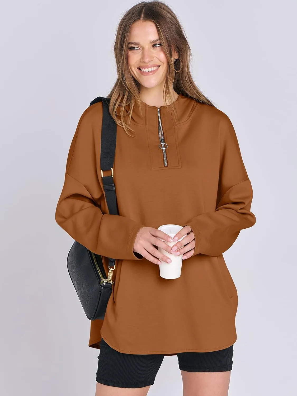 ANRABESS Womens Oversized Hoodie Quarter Zip Sweatshirts 2025 Spring Tunic Pullover Top Trendy Teen Girls Preppy Clothes