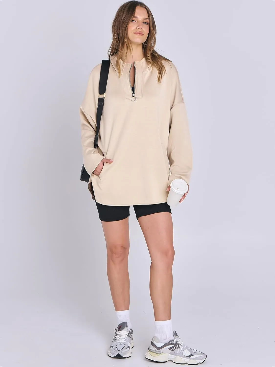 ANRABESS Womens Oversized Hoodie Quarter Zip Sweatshirts 2025 Spring Tunic Pullover Top Trendy Teen Girls Preppy Clothes