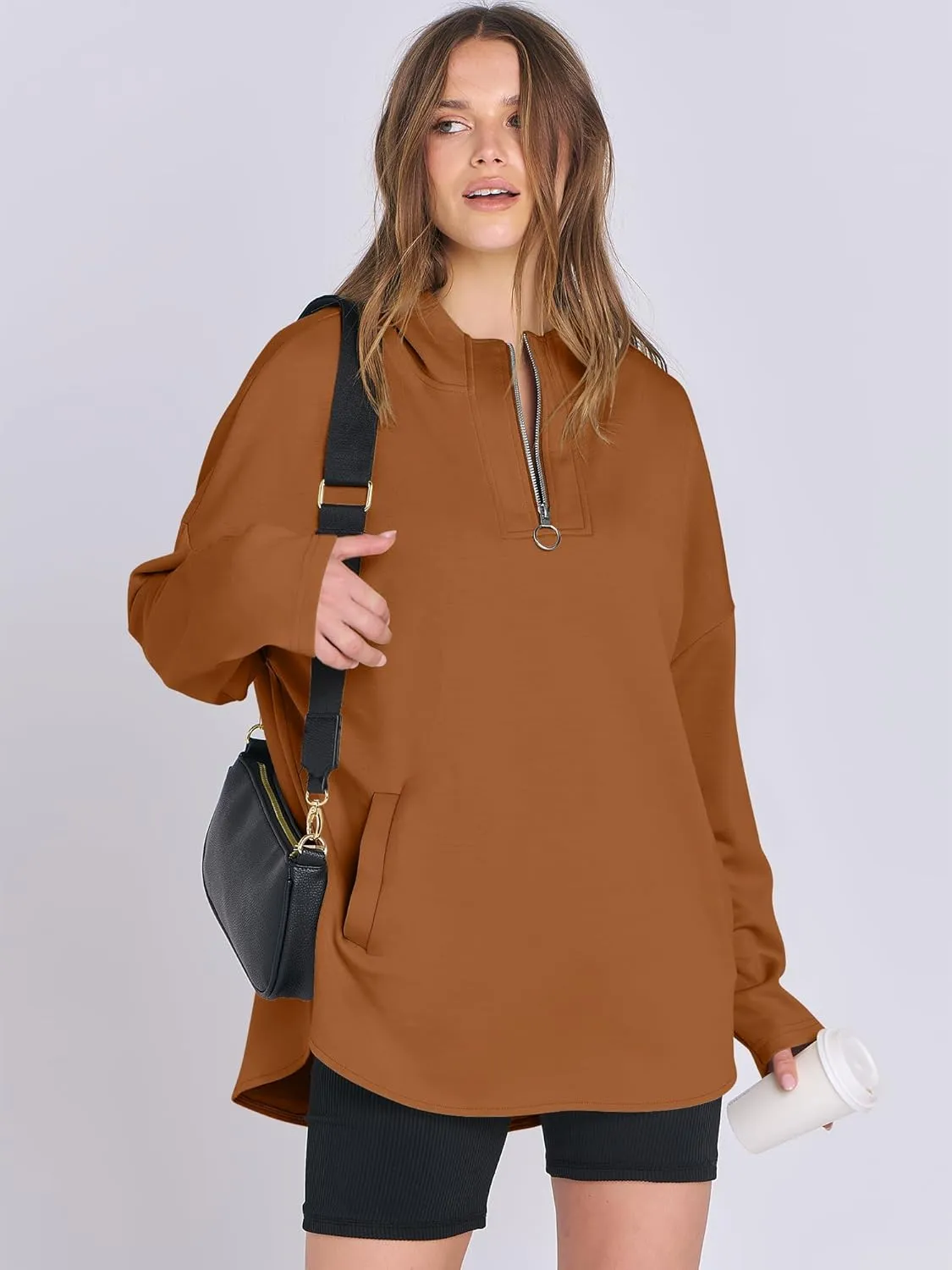 ANRABESS Womens Oversized Hoodie Quarter Zip Sweatshirts 2025 Spring Tunic Pullover Top Trendy Teen Girls Preppy Clothes
