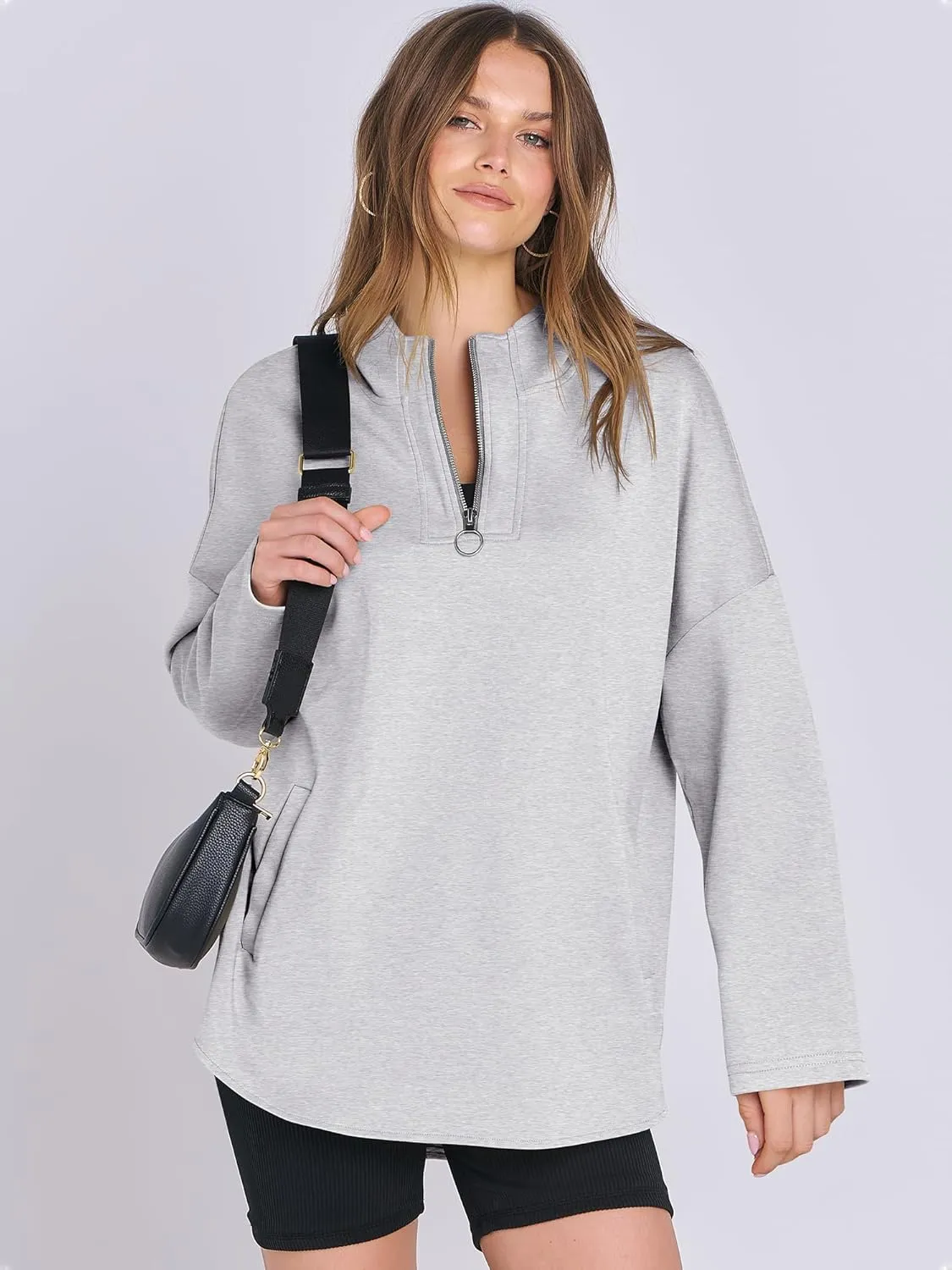 ANRABESS Womens Oversized Hoodie Quarter Zip Sweatshirts 2025 Spring Tunic Pullover Top Trendy Teen Girls Preppy Clothes